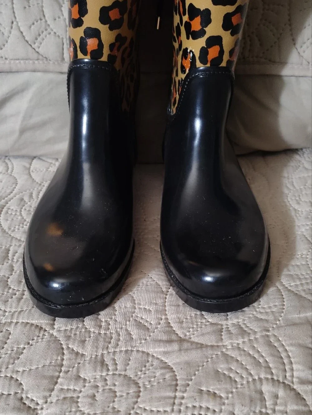 Coach Leopard Print Tall Rain Boots in Black and Tan